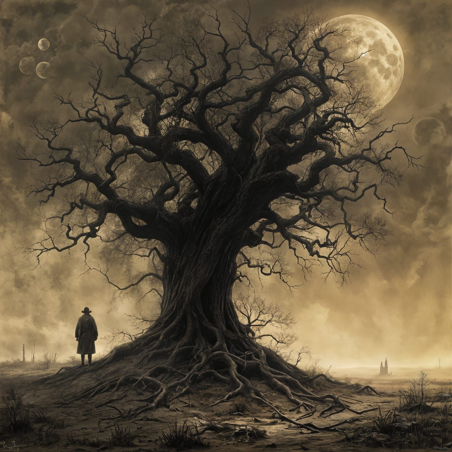 A Spooky Moonlit Forest Scene in Sepia Tone