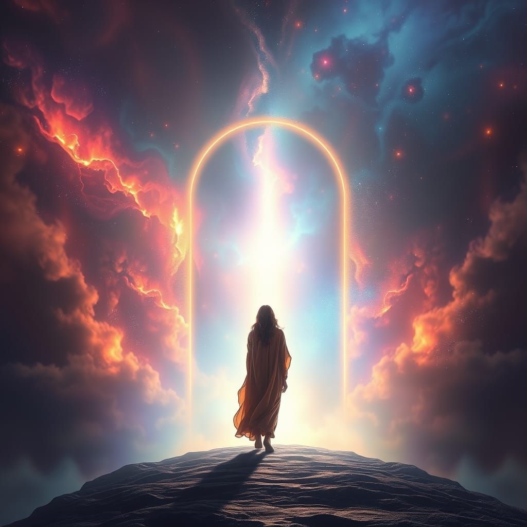 Woman at Nebula Portal Threshold, Cosmic Storm Digital Matte...