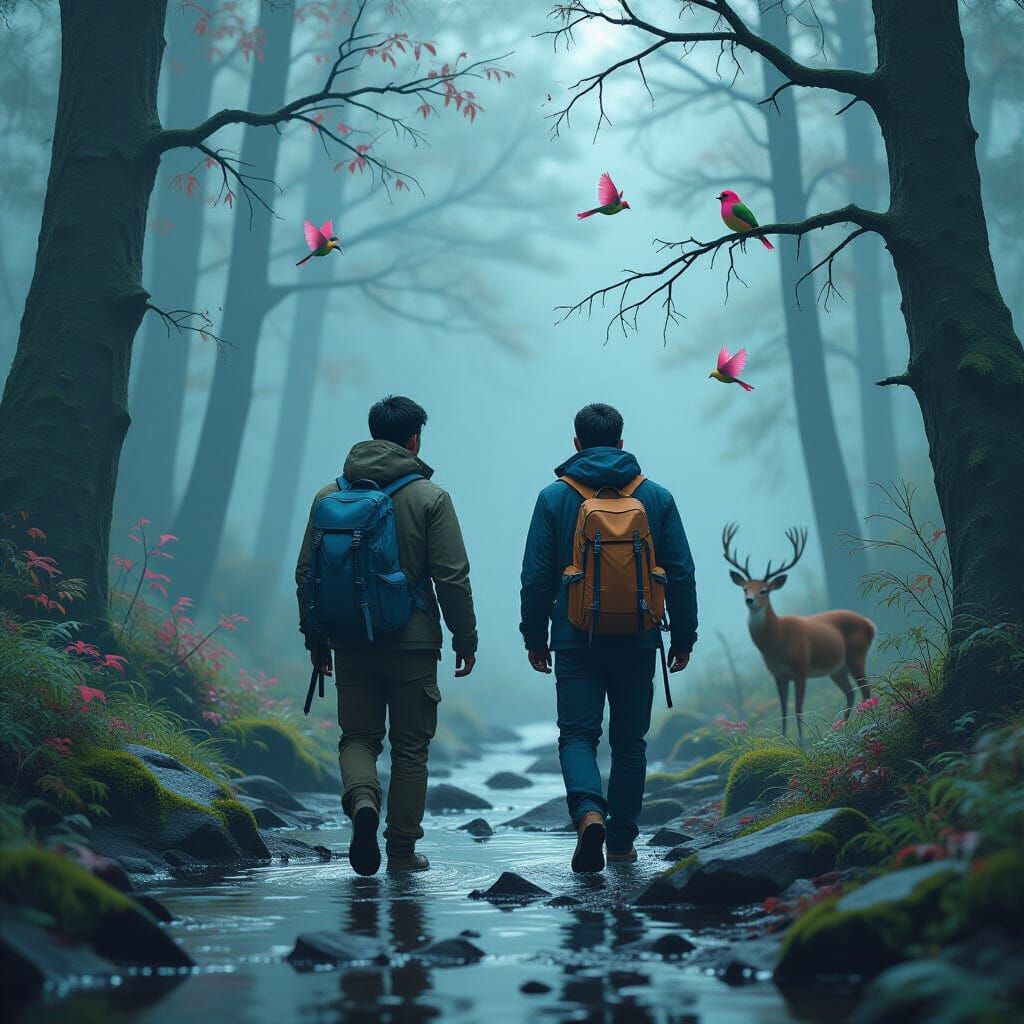 Hyperrealistic Forest Hike with Colorful Wildlife