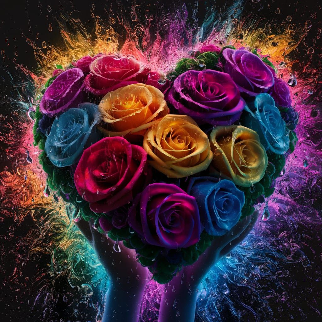 Hyperrealistic Heart-Shaped Bouquet of Multi-Colored Roses i...