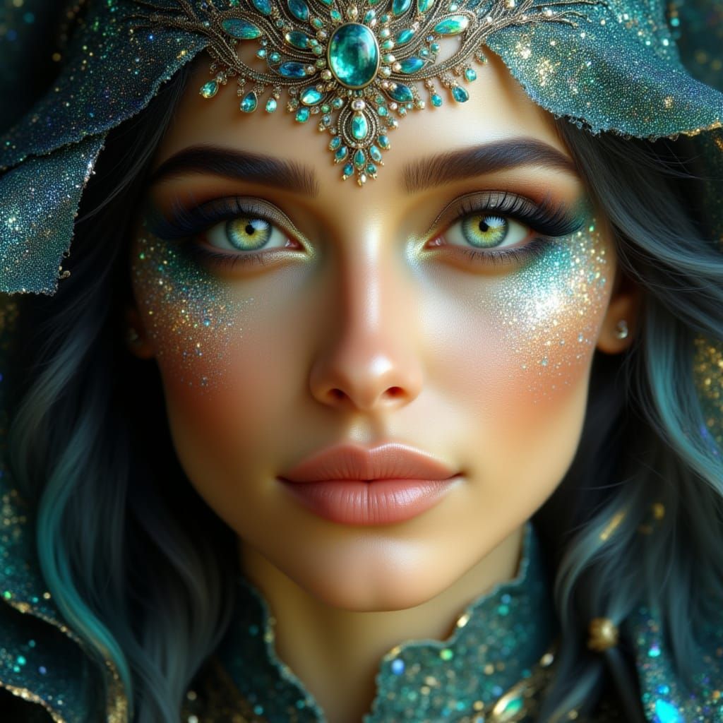Ethereal Lady with Starlight Eyes in Art Nouveau Style
