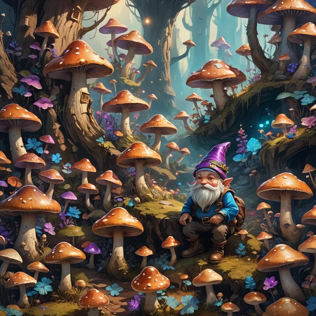 Whimsical Gnome in a Fantastical Mushroom Village