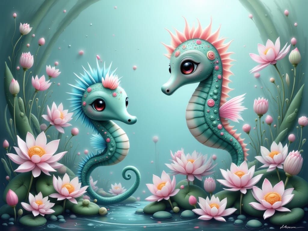 Adorable Chibi Seahorse in Iridescent Lotus Garden