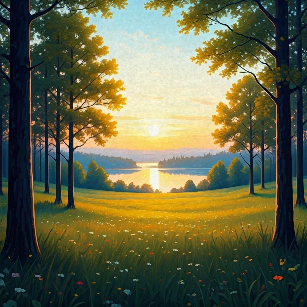 Surrealist Landscape Painting of Peaceful Meadow at Sunset
