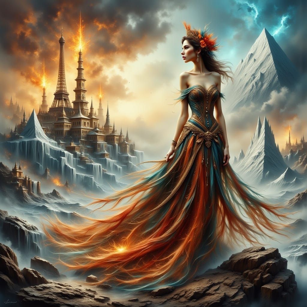 Surreal Woman Amidst Burning Eiffel Tower