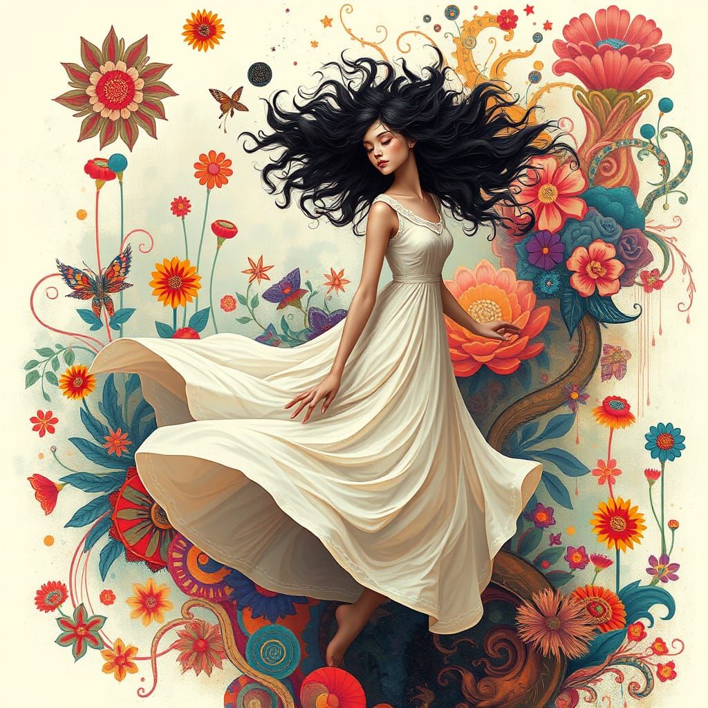 Whimsical Woman in Flowing Dress, Abstract Digital Art