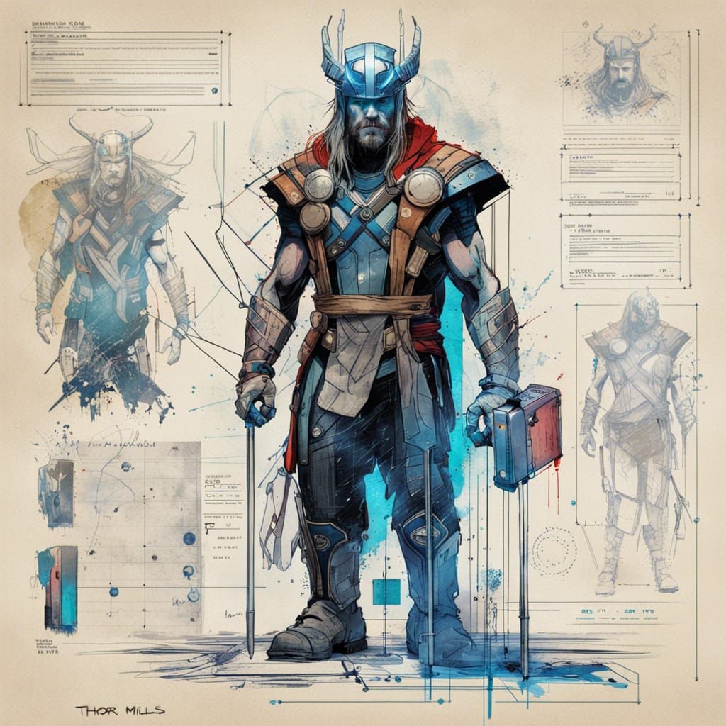 Thor in Hyperdetailed, Triadic Color Exoskeleton Blueprint
