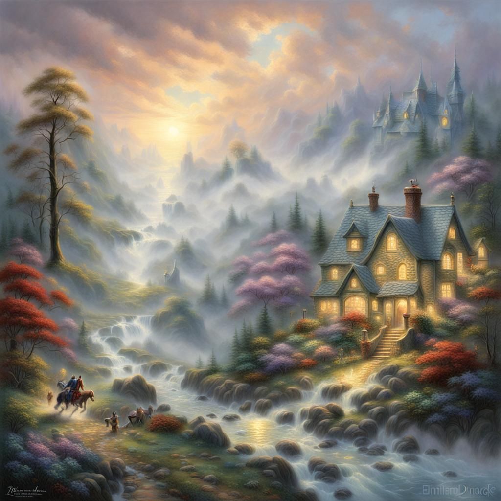 Ethereal Fantasy Racing Scene in Dreamy Mist