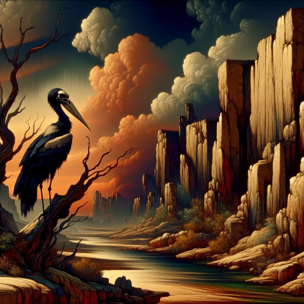 Dark Fantasy Stork in Opulent Desert Landscape