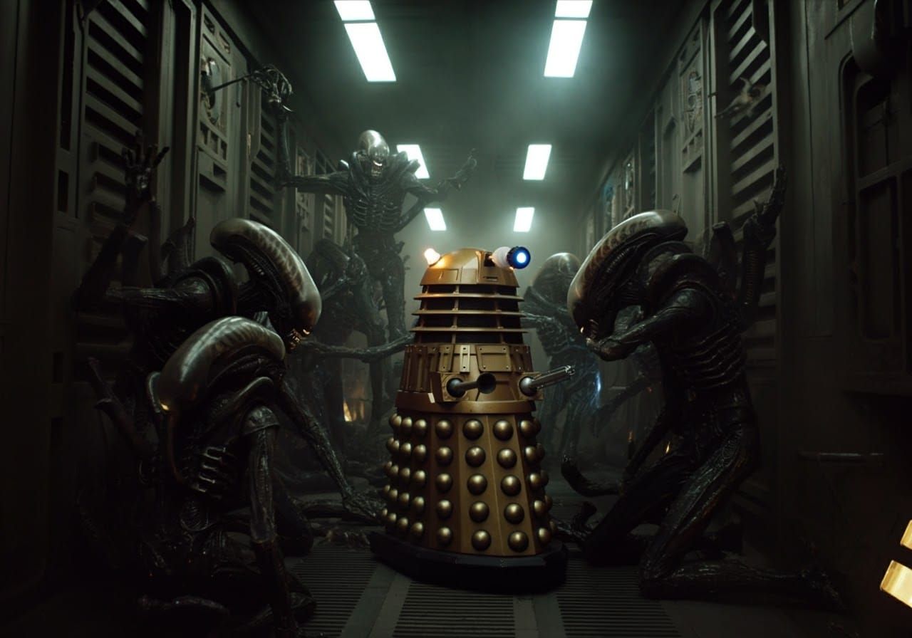 A Dalek janitor exterminating a xenomorph infestation in the depths of a Dalek base.