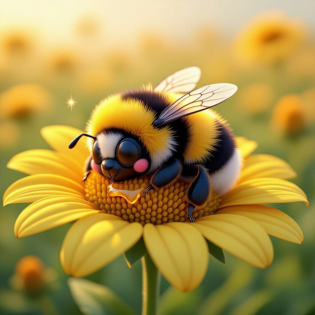 Sleeping Bumblebee on Flower Petal, Cartoon Style
