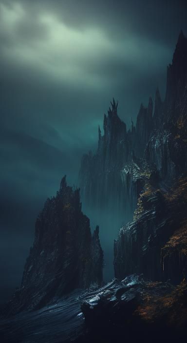 Ethereal Wendigo on Cliff Ledge, Enshrouded by Mysterious Sk...