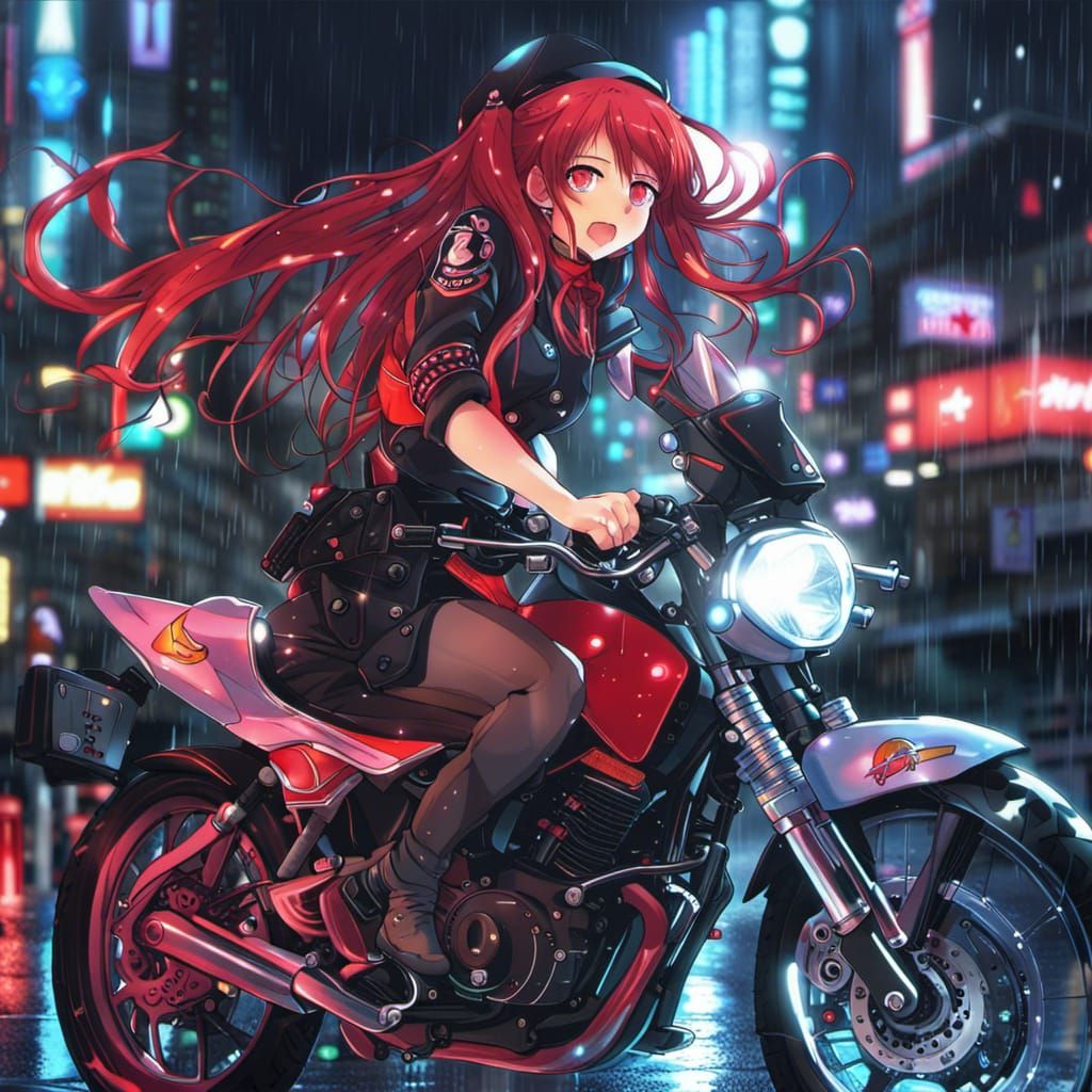 Red Headed Girl Rides Super Bike Under Neon Rain