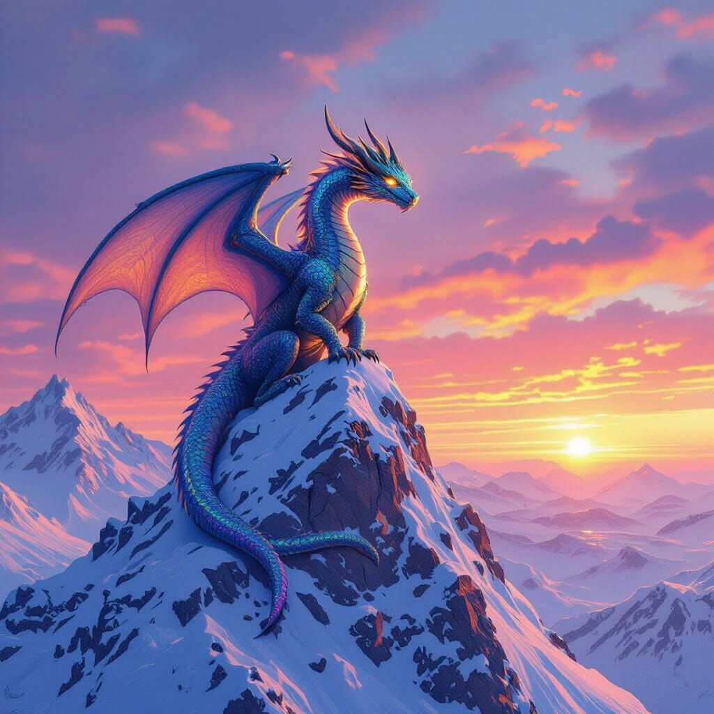 Majestic Dragon Overlooks Frozen Landscape at Sunset