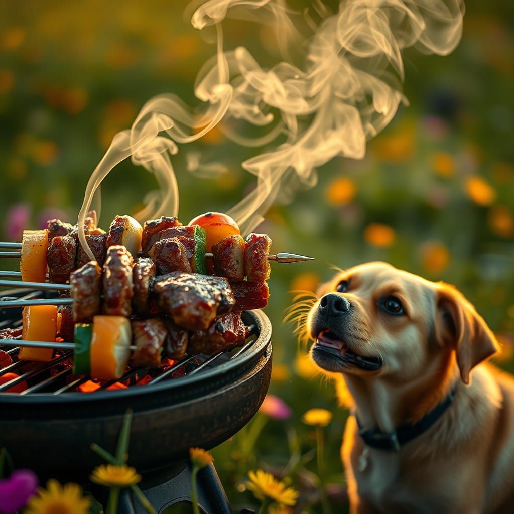 Sizzling Shashlik on Grill with Dog in Meadow