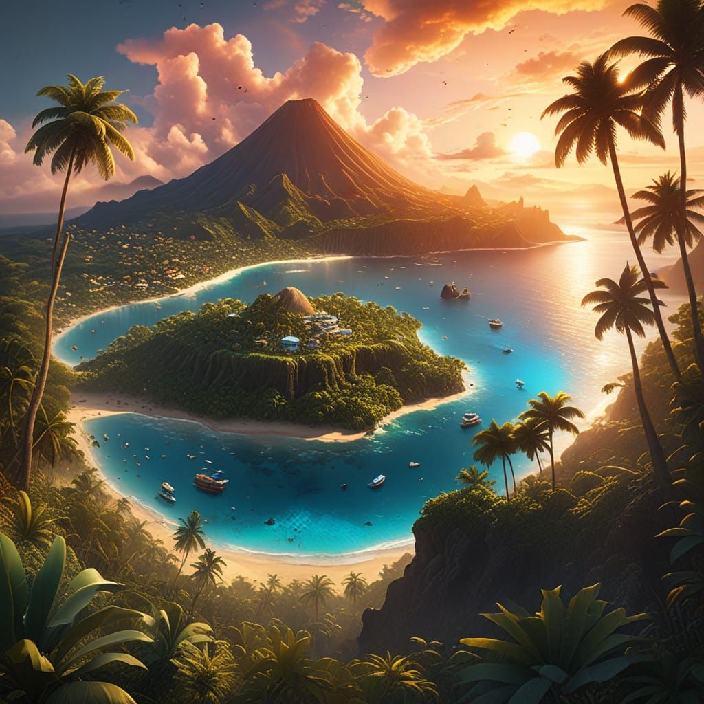 Surreal Hypermaximalist Town on a Tropical Island Volcano