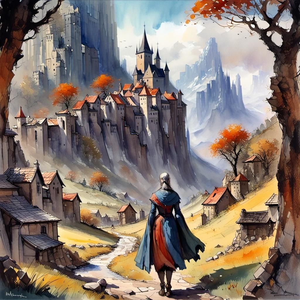 Village at Mountain's Foot in Bold Watercolors