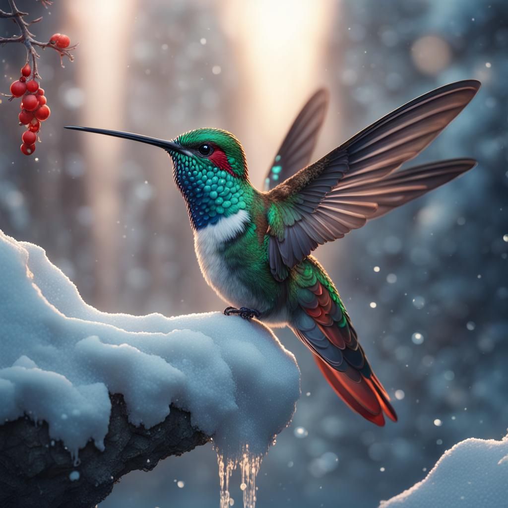 Fantastical Hummingbird in a Snowy Winter Wonderland