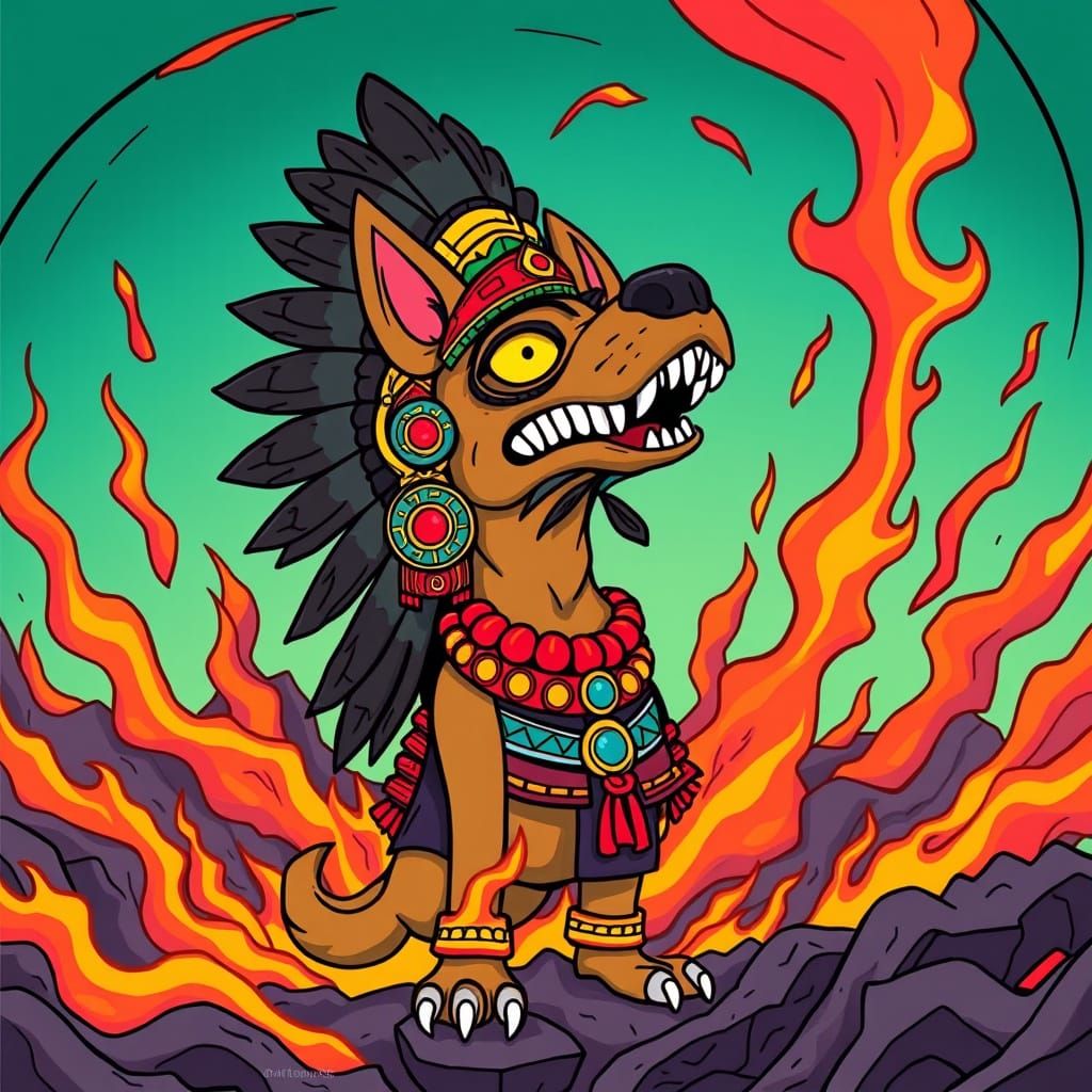 Simpsons cartoon style illustration of Xolotl, the dog-headed Aztec God