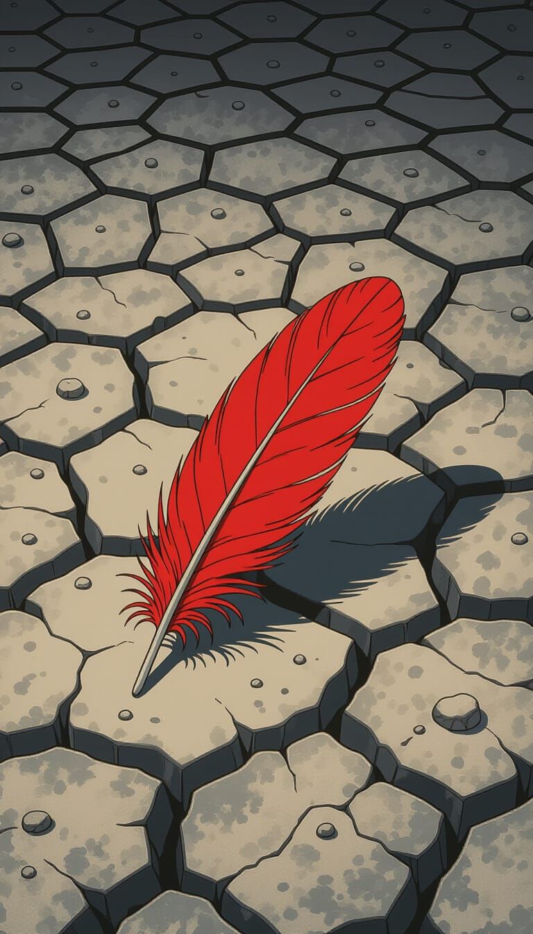 Blood-Red Feather on Cracked Earth