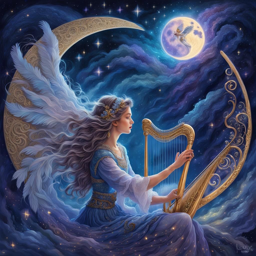Dreamlike Fantasy Scene with a Mystical Moon Harpist