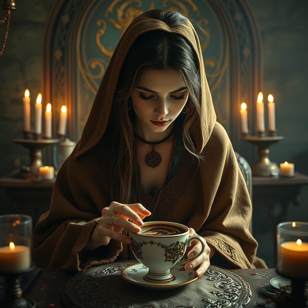Mystical Seer Contemplates Coffee Grounds in a Dimly Lit Cha...