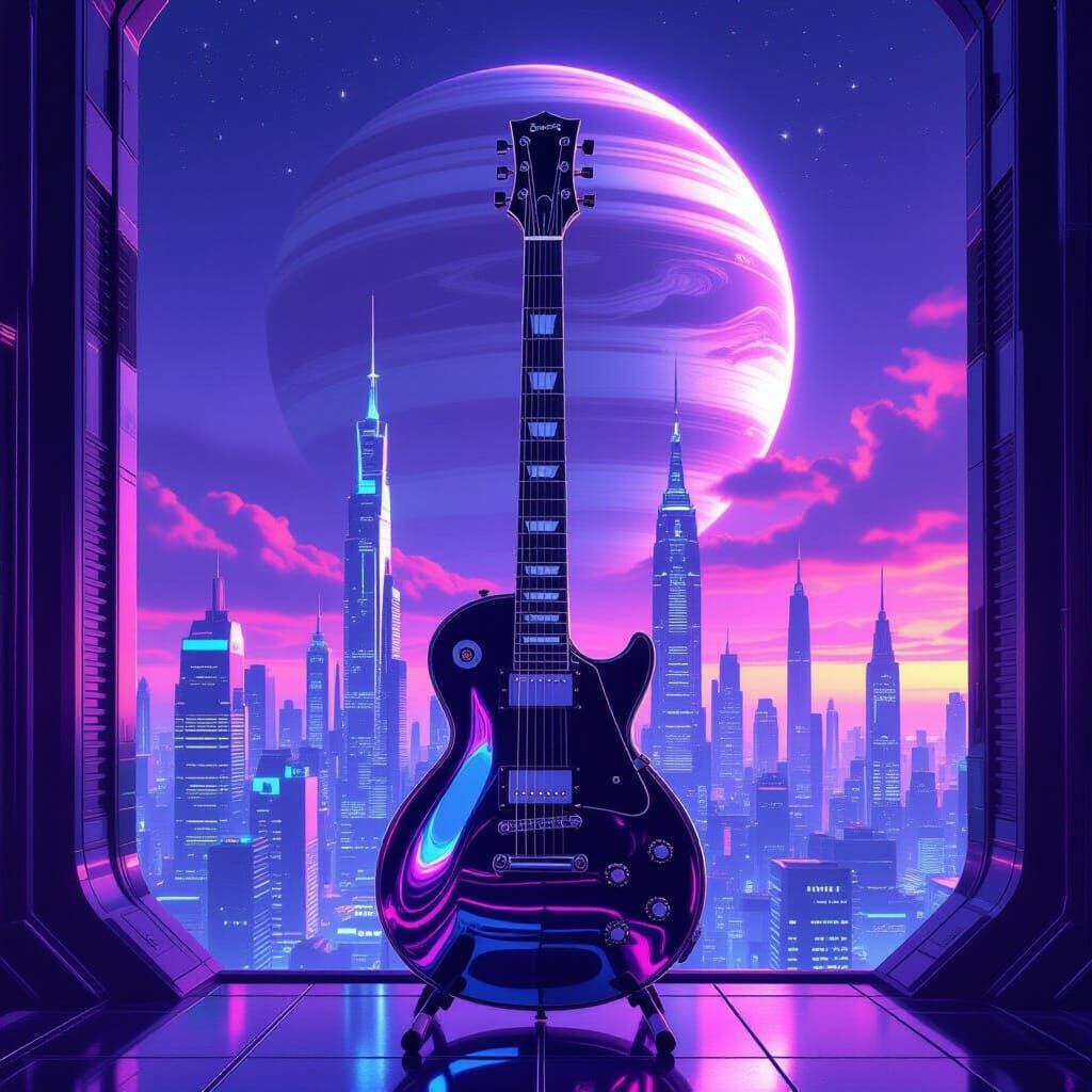 Chrome Guitar in Futuristic Alien Cityscape