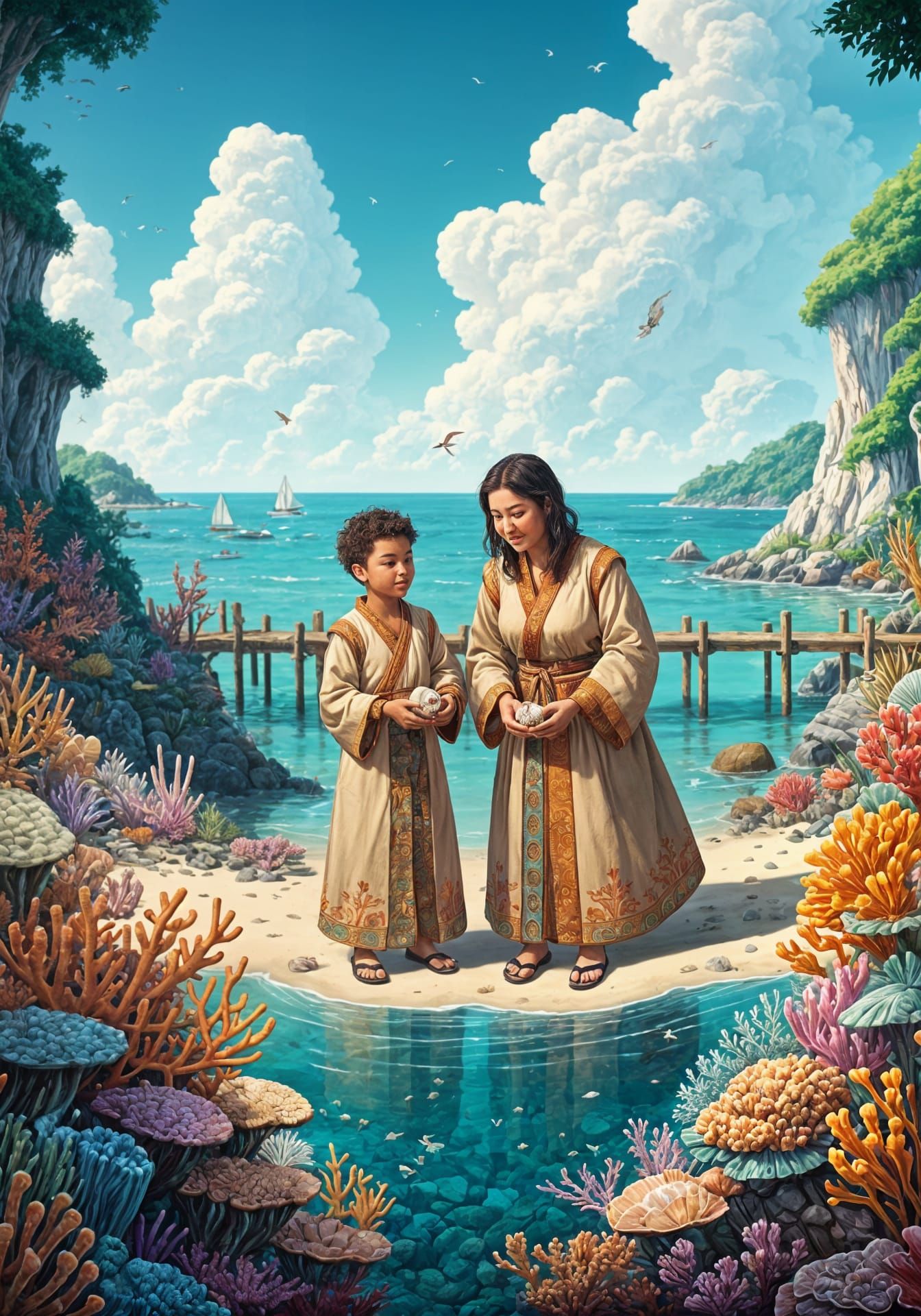 Mother and Son Discover Vibrant Coastal Wonder