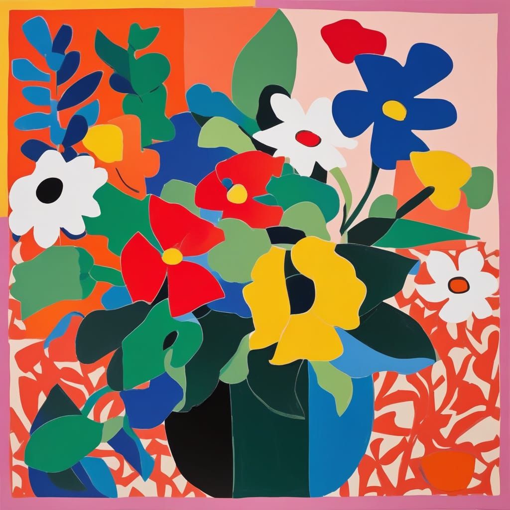 Vibrant Flower Still Life in Matisse Cut-Out Style