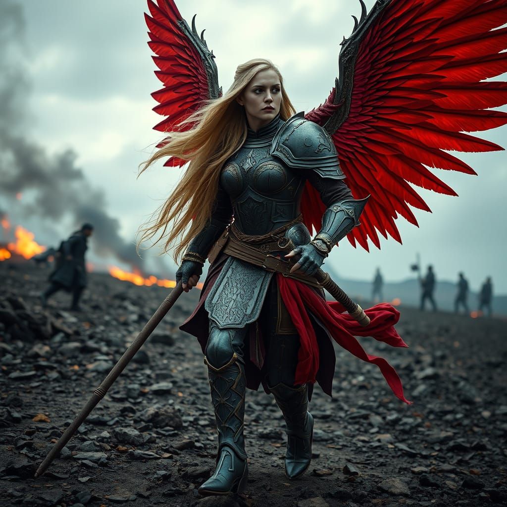 Fierce Armored Warrior with Red Wings in Wasteland