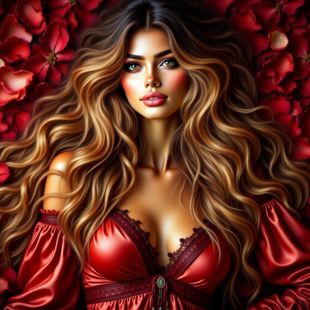 Golden Goddess in Silk Red Chemise