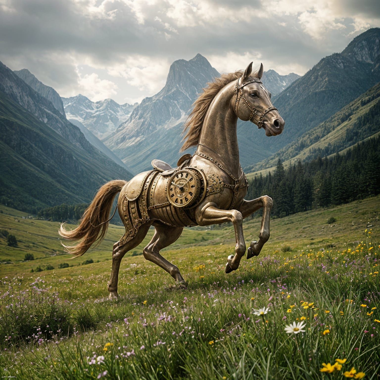 Mechanical Horse Galloping in Field: Digital Matte Painting