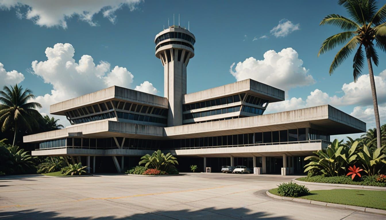 Brutalist Airport Terminal Amidst Tropical Foliage in Warm L...