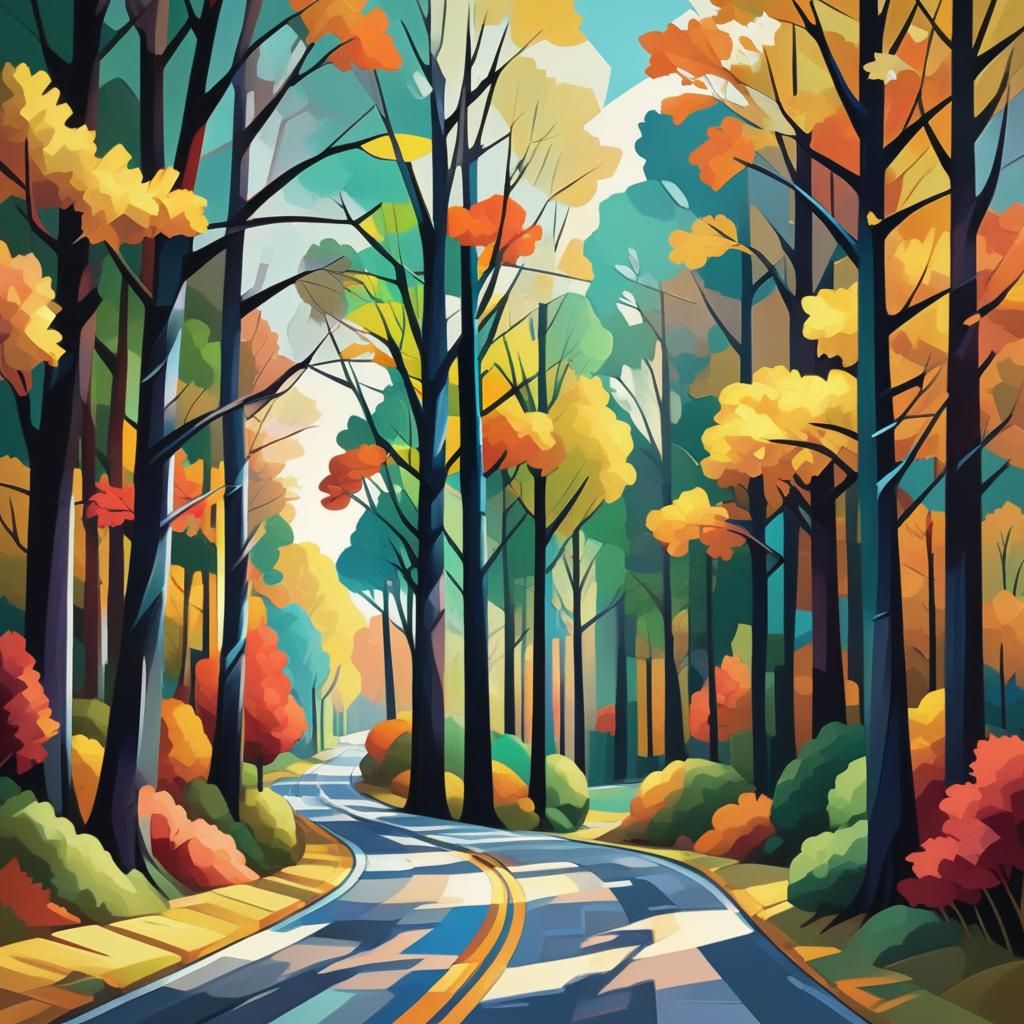 Surreal Fauvist Landscape of Geometric Trees in Fall