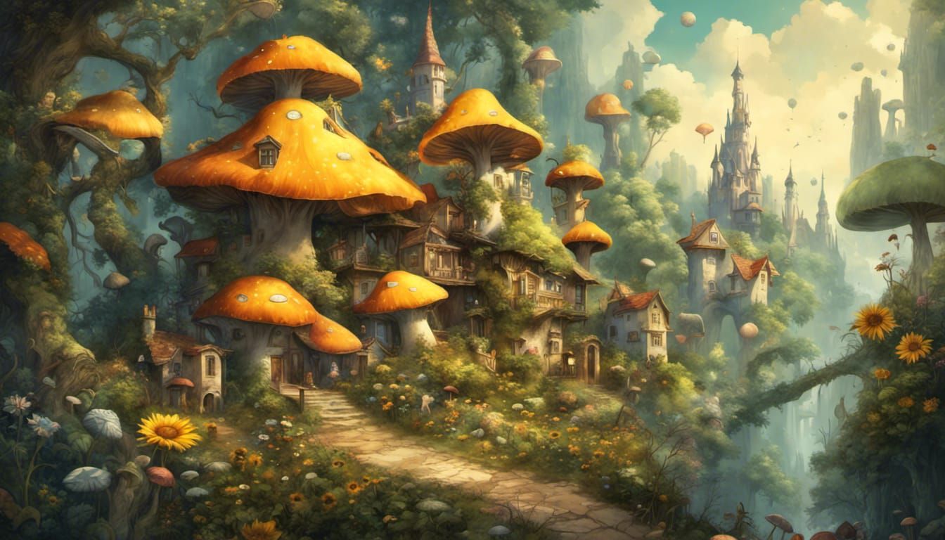 Enchanted Whimsical Forest with Vibrant Sunflower Village