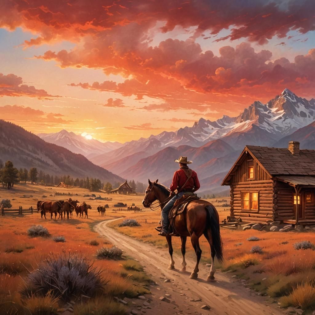 Surreal Cowboy Landscape in Thomas Kinkade Style