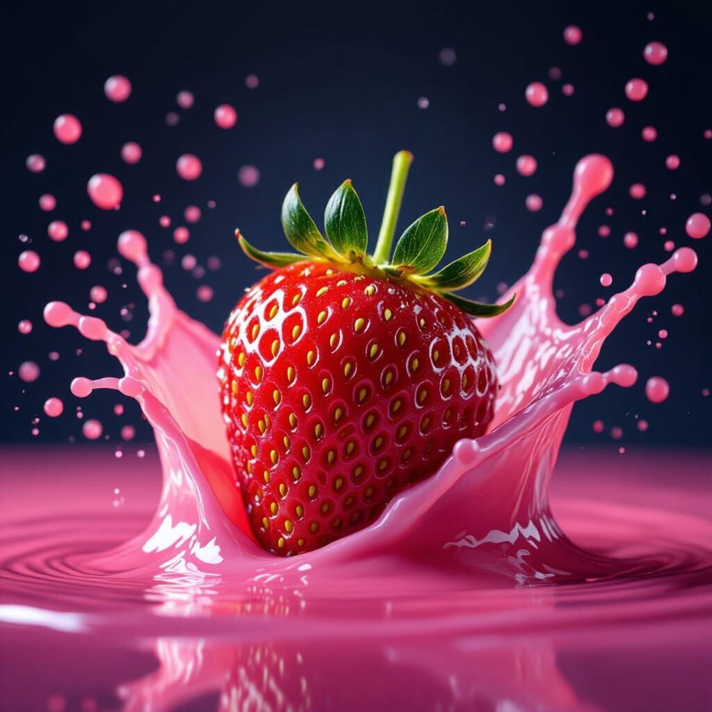 Hyper-Realistic Strawberry Splash in Pink Liquid