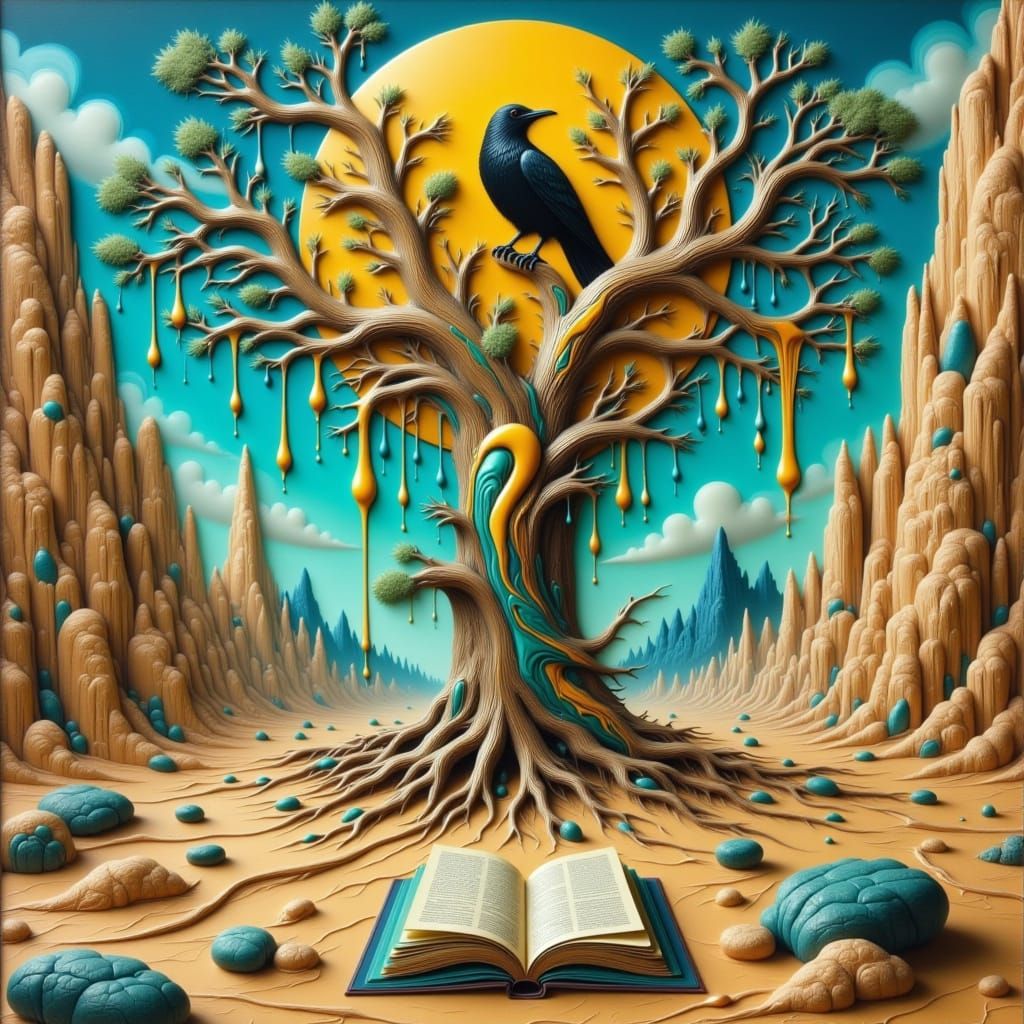 Barren Desert Landscape with Ancient Tree and Raven in Teal ...
