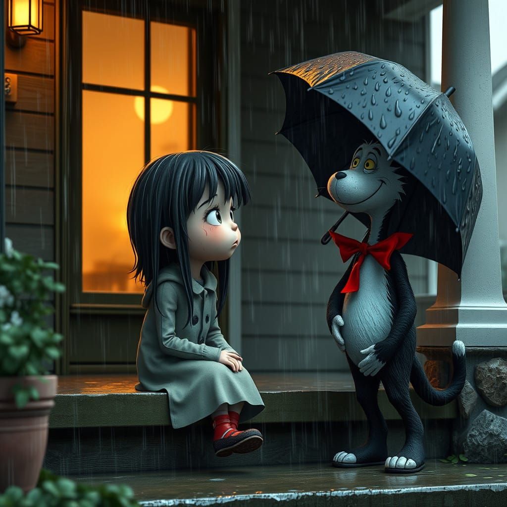 Sorrowful Girl Seeks Comfort in Rainy Day Storm with Faded C...