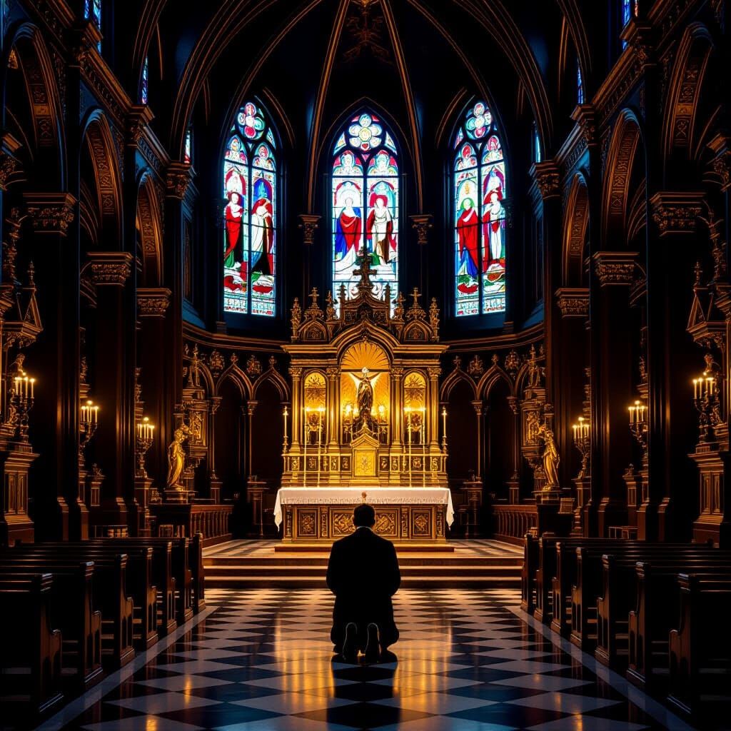 Candlelit Cathedral Sanctuary in Chiaroscuro Style