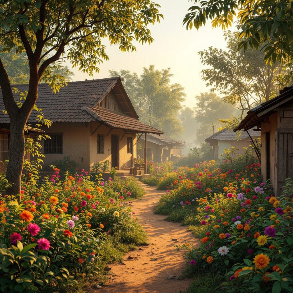 Bangladesh Village Home With Lush Garden at Golden Hour