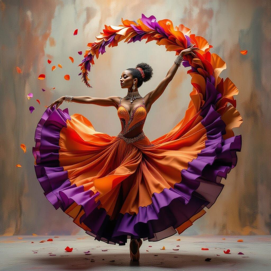 Ballet Dancer with Flowing Petals in Colorful Impasto