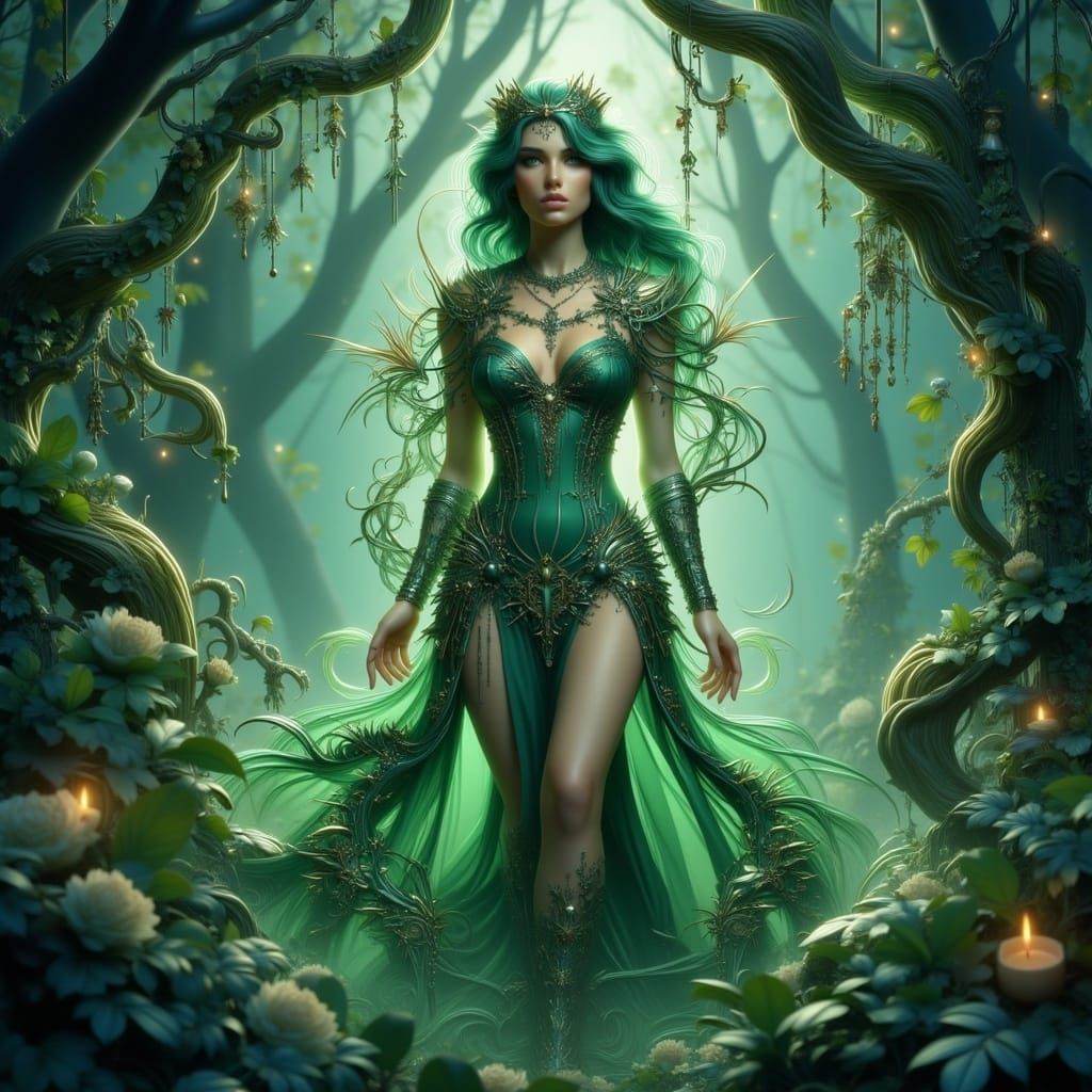 Art Nouveau Punk Goddess Surrounded by Glowing Forest