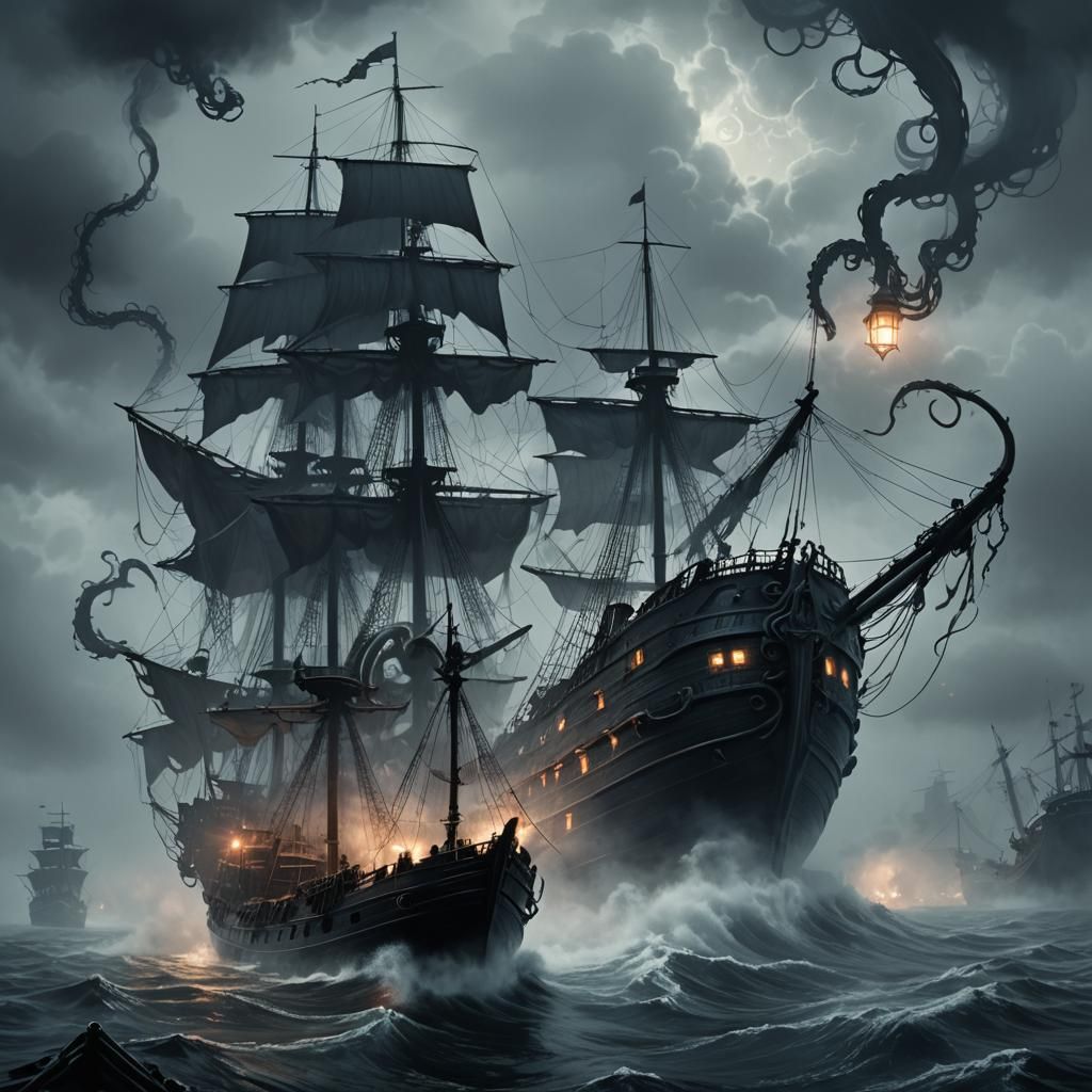 Surreal Mythological Art: Kraken Attacks Ship in Fog