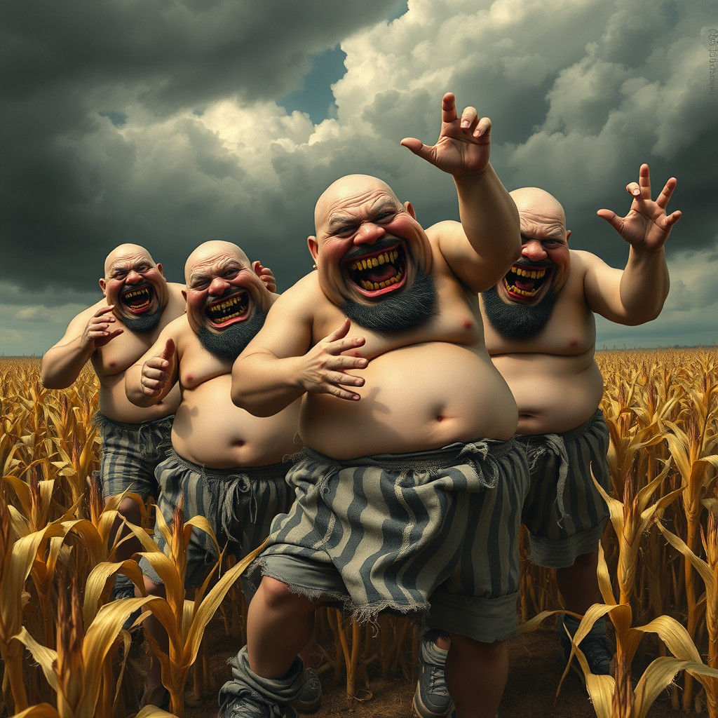 Corpulent CanCan Dancers Confront Dark Cornfield