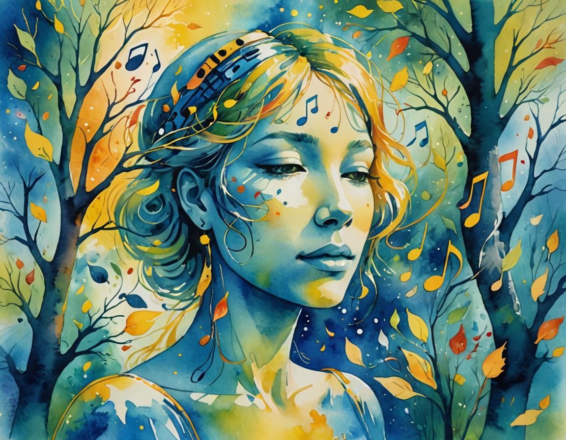 Whimsical Watercolor Study of a Head with Musical Notes