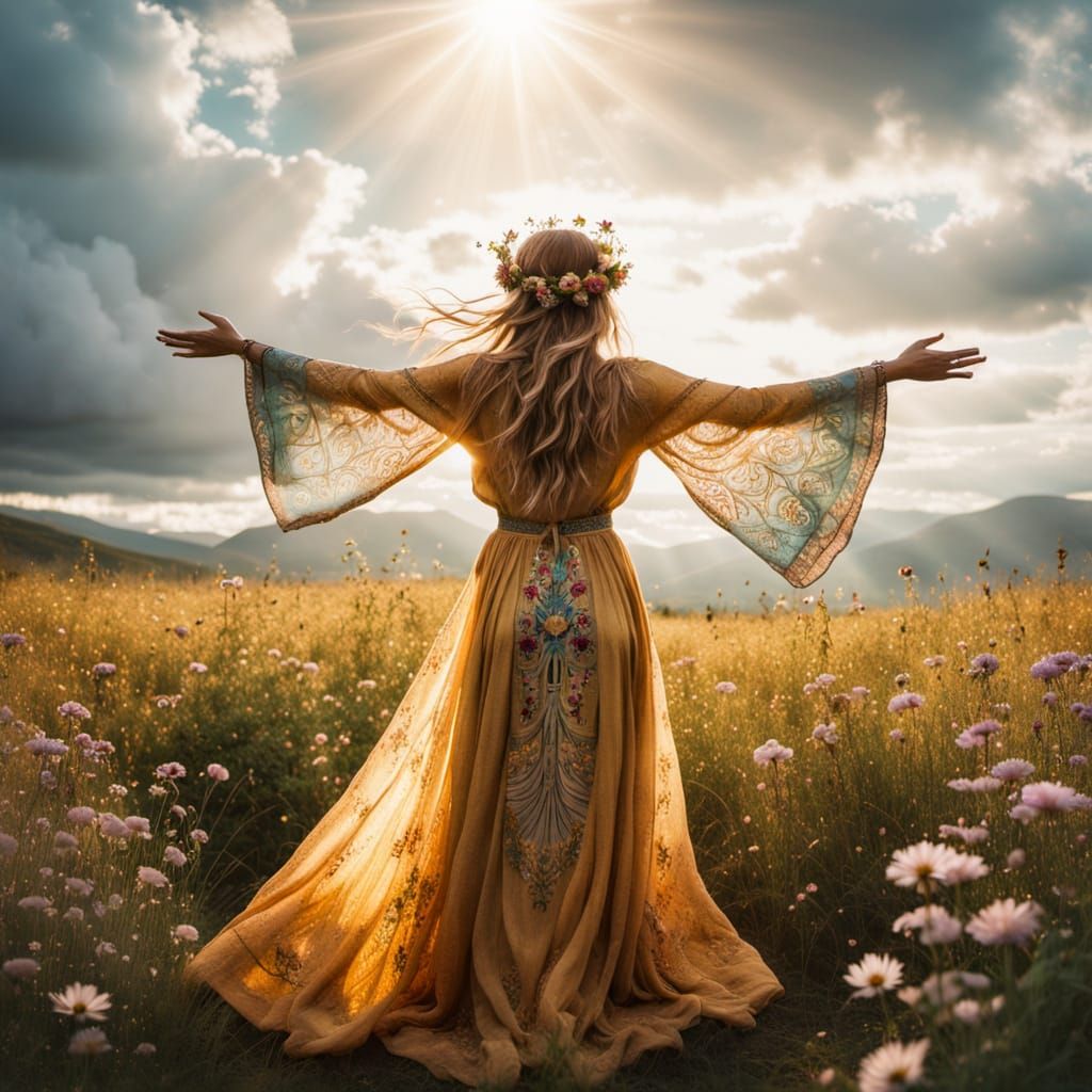 Bohemian Goddess in a Field of Golden Flowers