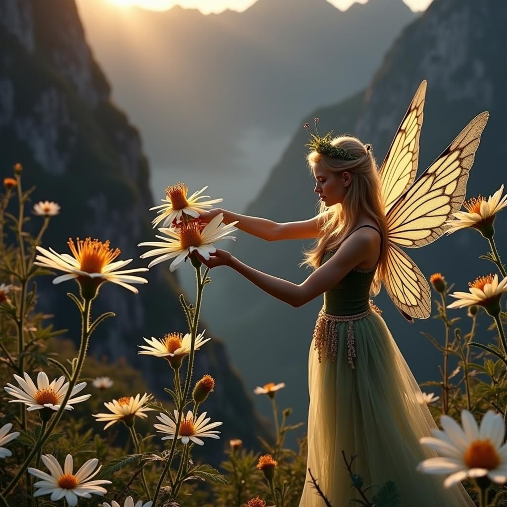 Whimsical Fairy Amidst Majestic Mountains in Ethereal Fantas...