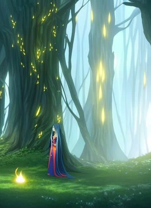 Young Anime Girl in Mystical Forest Illuminated by Glowing S...