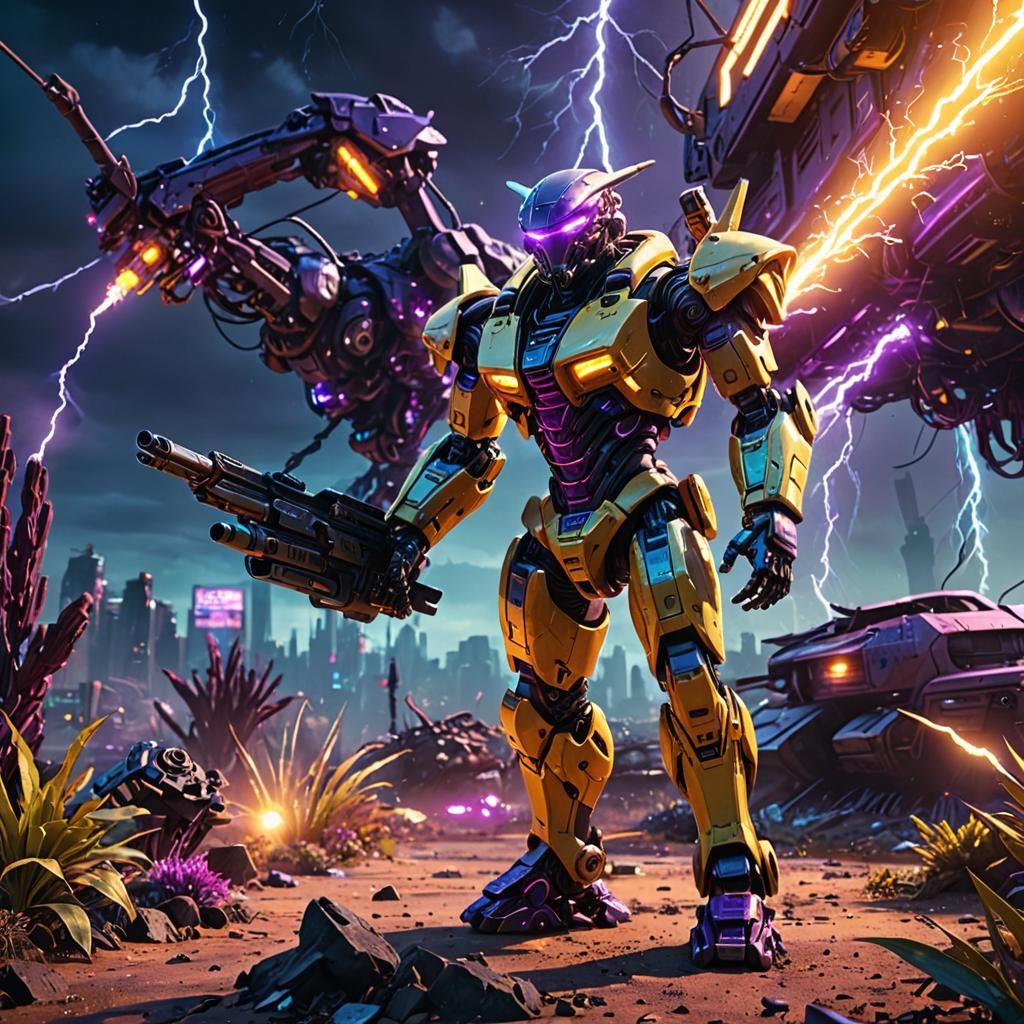 Epic Neon Apocalypse in Cyberpunk Mecha Battle